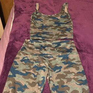 Blue and gray camouflage leggings and tank top set.
